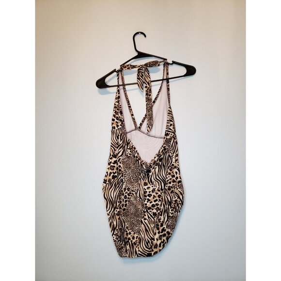 Vtg Catalina Women M Swimsuit One Piece Cheetah Tiger Animal Print Halter Deep V - Picture 2 of 6
